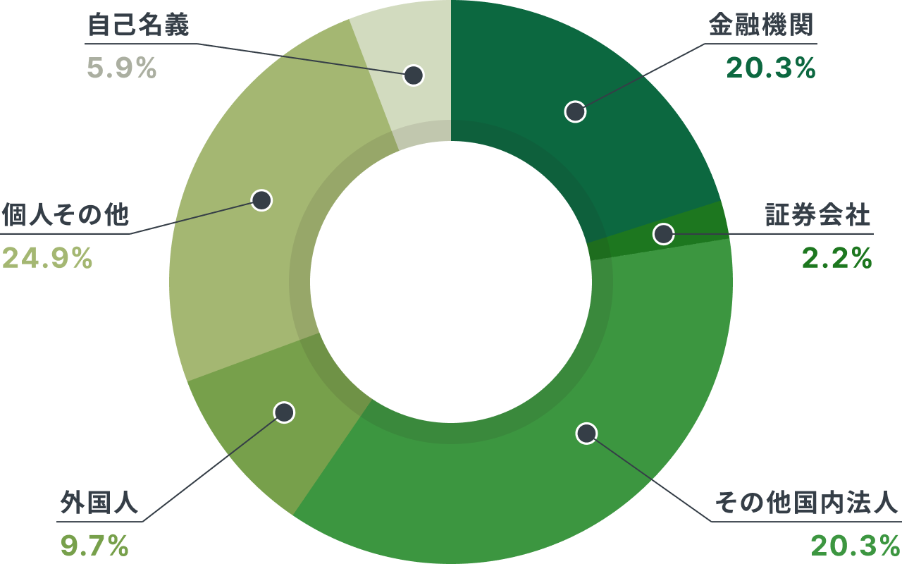 金融機関20.3%、証券会社2.2%、その他国内法人20.3%、外国人9.7%、個人その他24.9%、自己名義5.9%